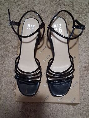 Mix No. 6 Black Patent Multi-Strap Ankle Strap Heels